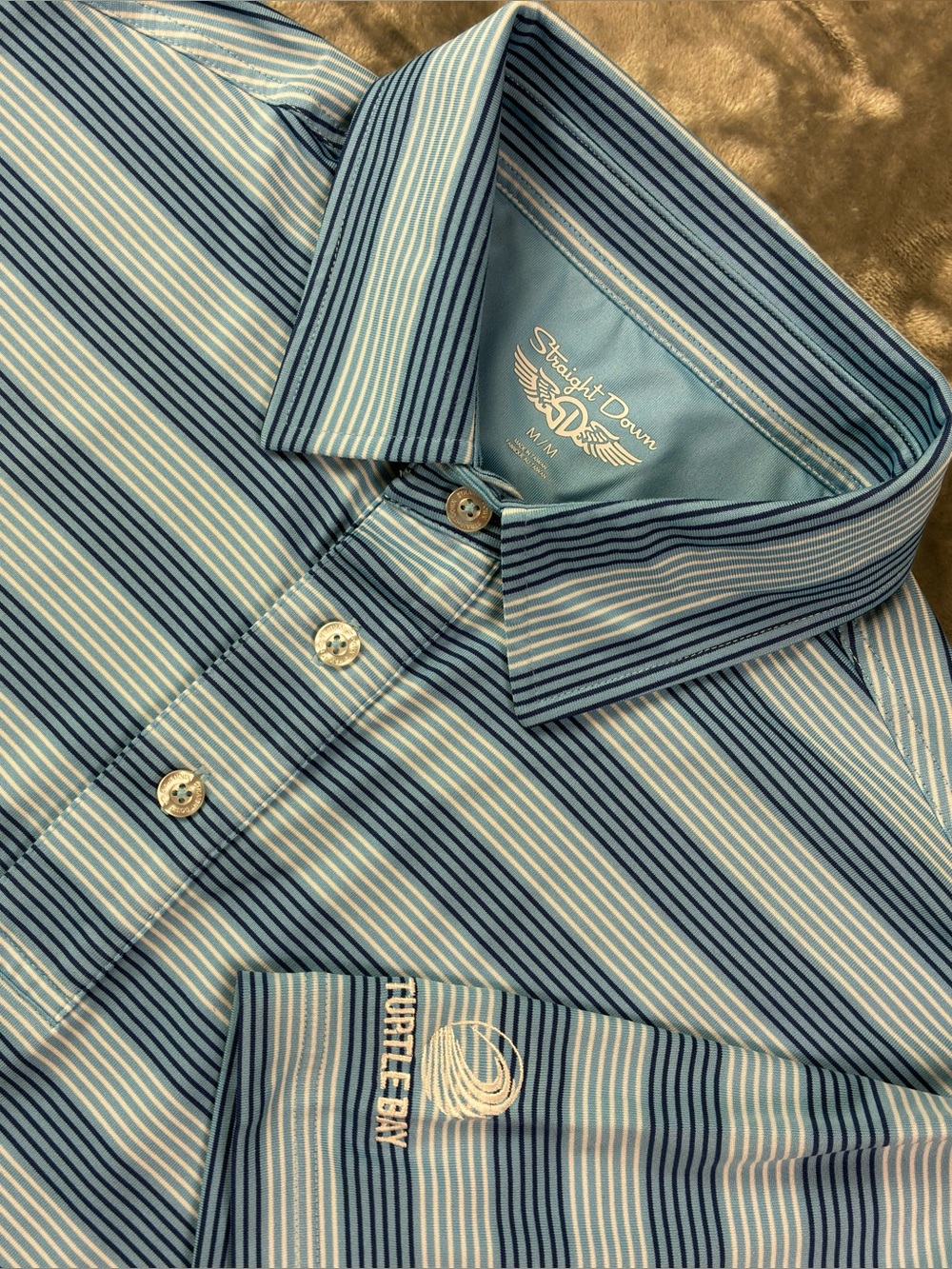 Straight Down Turtle Bay Hawaii Polo Mens Medium Blue Stripes Performance Golf